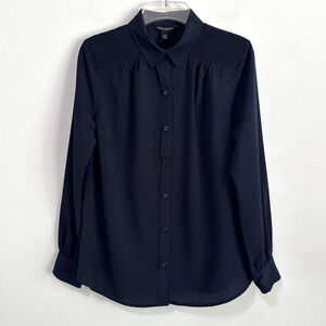 Banana Republic Blouse S Petite Black‎ Button Front Smocked Career Work NEW